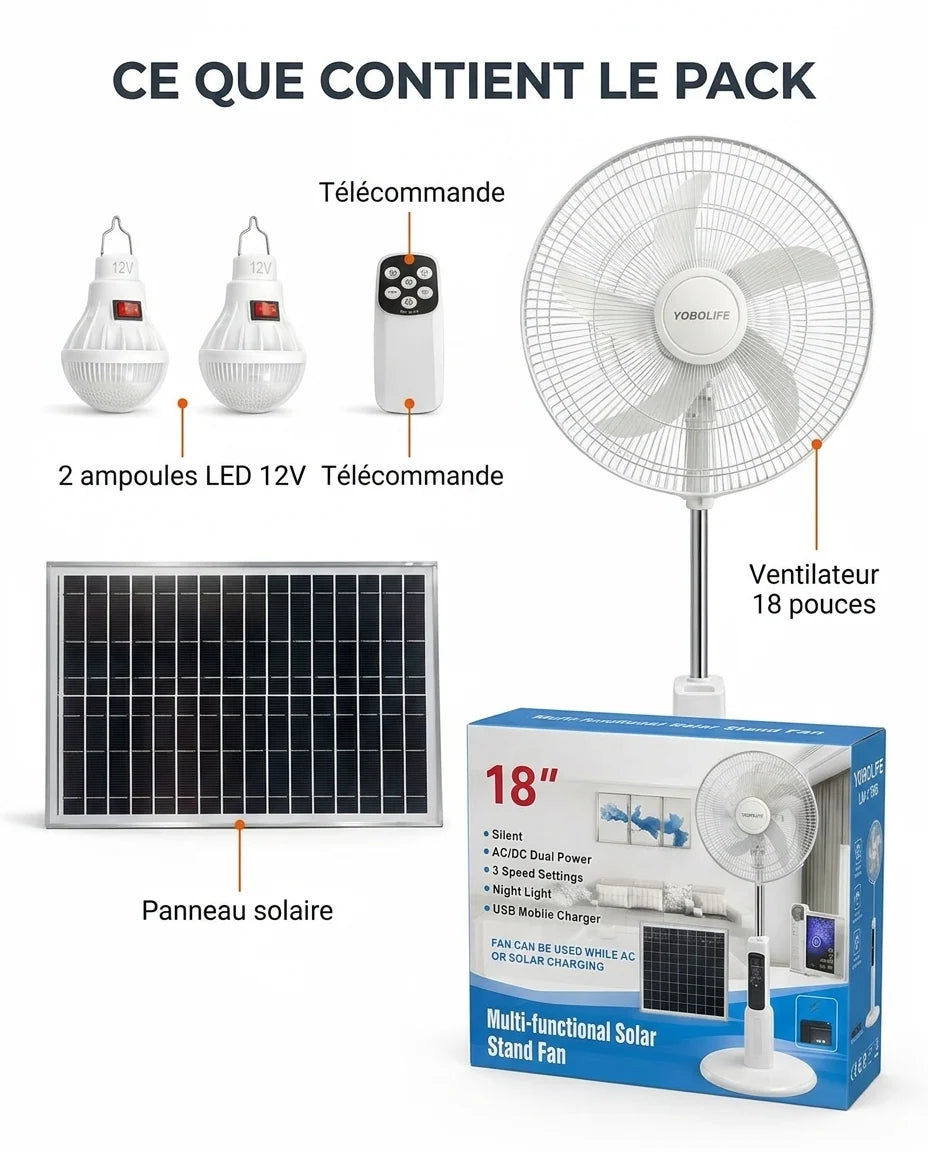 Ventilateur Solaire Rechargeable 18" : Fraîcheur, Lumière, Musique et Recharge Sans Courant