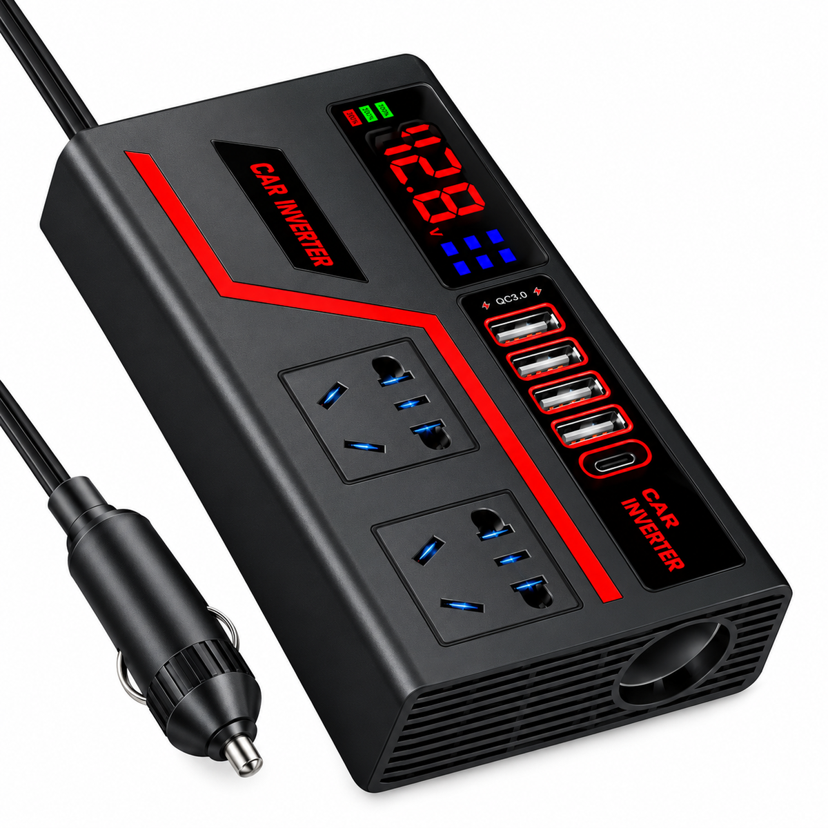 Onduleur Voiture Multiports 12V : 4 USB + Type-C + 2 Prises 220V