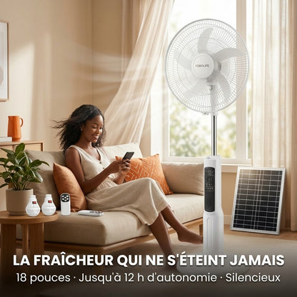 Ventilateur Solaire Rechargeable 18" : Fraîcheur, Lumière, Musique et Recharge Sans Courant