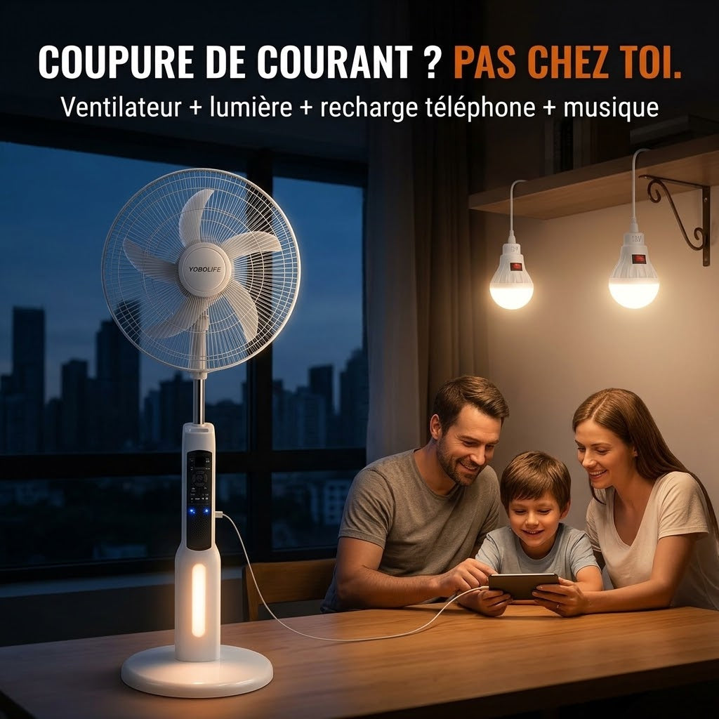Ventilateur Solaire Rechargeable 18" : Fraîcheur, Lumière, Musique et Recharge Sans Courant
