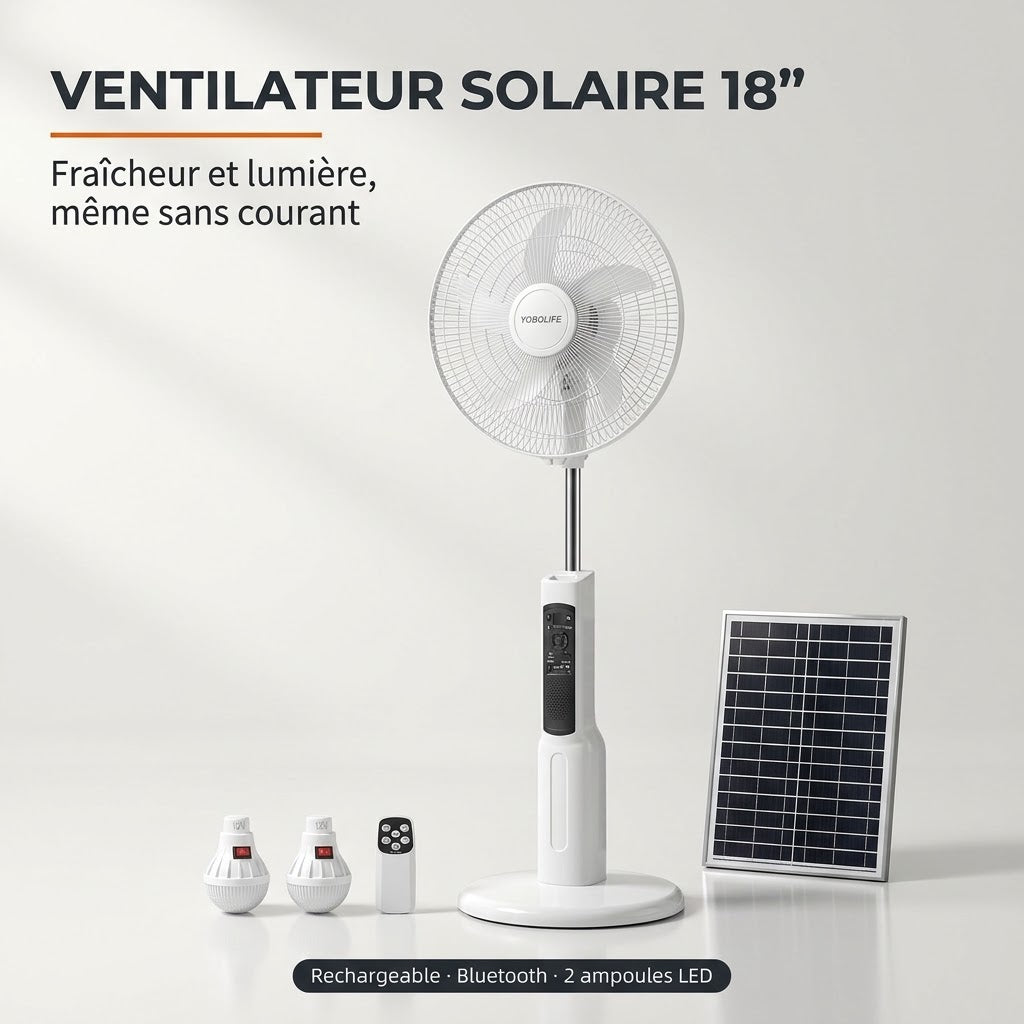 Ventilateur Solaire Rechargeable 18" : Fraîcheur, Lumière, Musique et Recharge Sans Courant