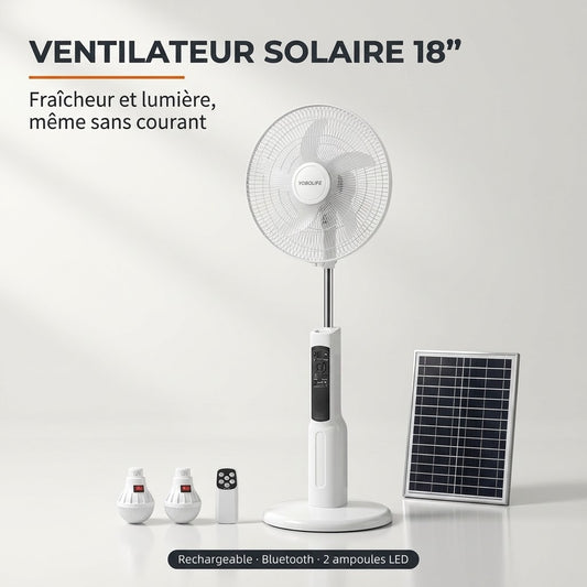Ventilateur Solaire Rechargeable 18" : Fraîcheur, Lumière, Musique et Recharge Sans Courant