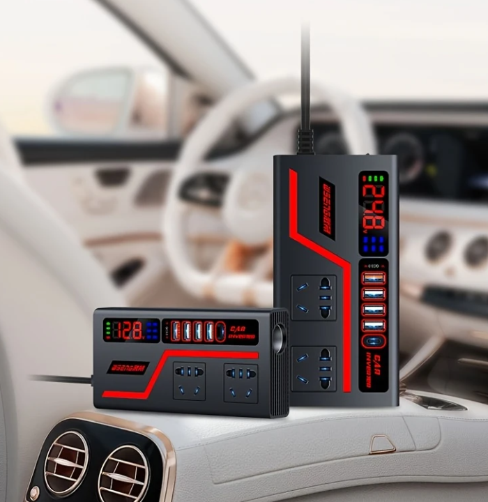 Onduleur Voiture Multiports 12V : 4 USB + Type-C + 2 Prises 220V