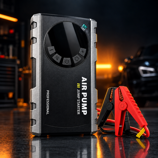 Kit de Secours Auto 4-en-1 — Démarreur, Gonfleur, Lampe & Batterie Externe_