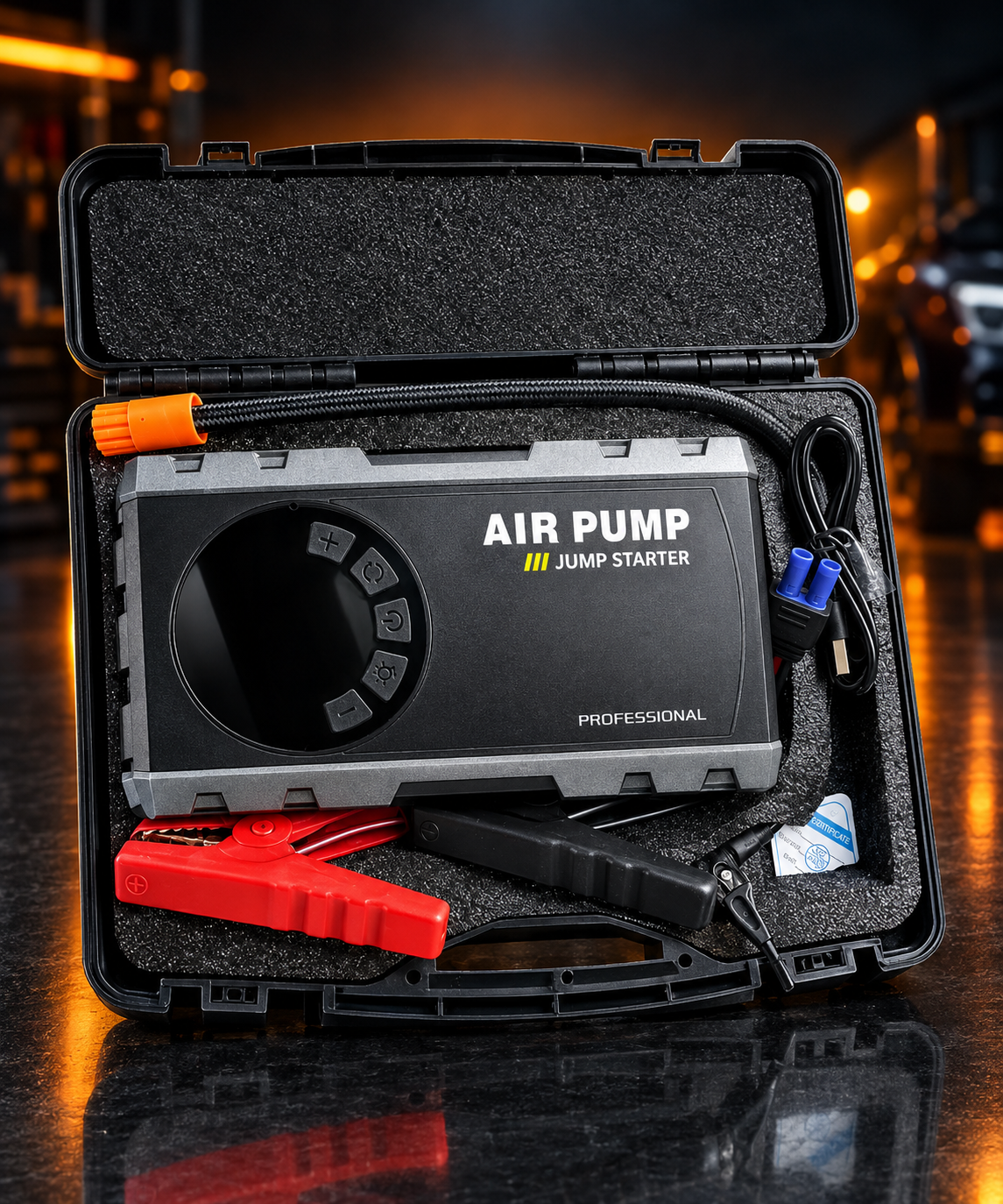Kit de Secours Auto 4-en-1 — Démarreur, Gonfleur, Lampe & Batterie Externe_
