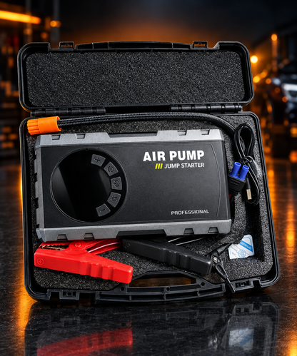 Kit de Secours Auto 4-en-1 — Démarreur, Gonfleur, Lampe & Batterie Externe_