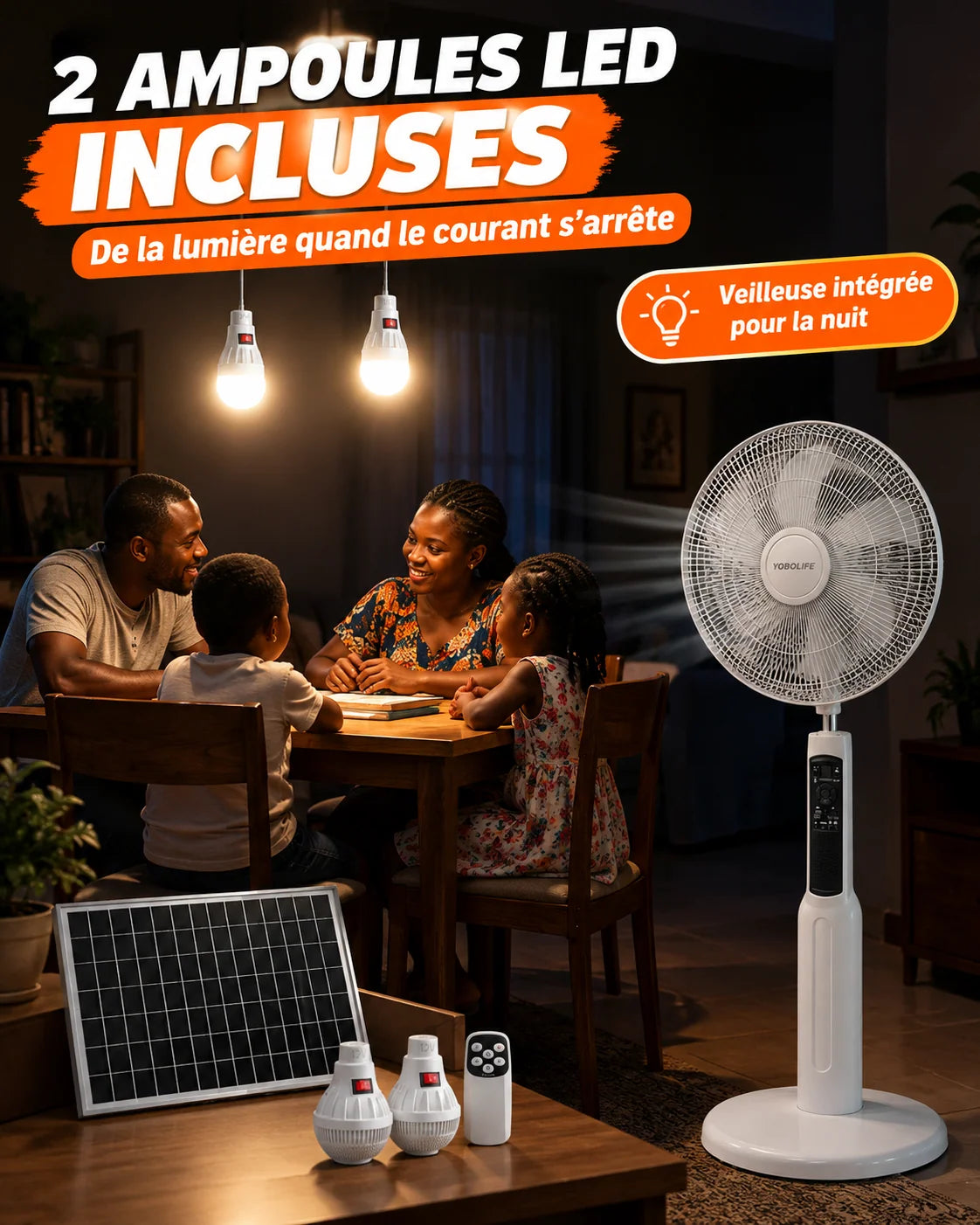 Ventilateur Solaire Rechargeable 18" : Fraîcheur, Lumière, Musique et Recharge Sans Courant