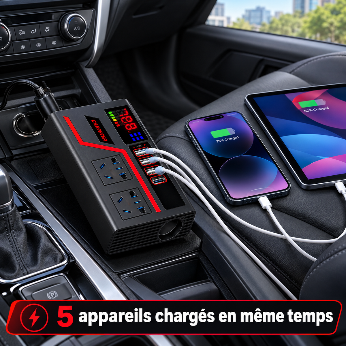 Onduleur Voiture Multiports 12V : 4 USB + Type-C + 2 Prises 220V