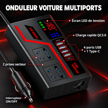 Onduleur Voiture Multiports 12V : 4 USB + Type-C + 2 Prises 220V