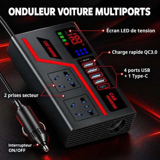 Onduleur Voiture Multiports 12V : 4 USB + Type-C + 2 Prises 220V